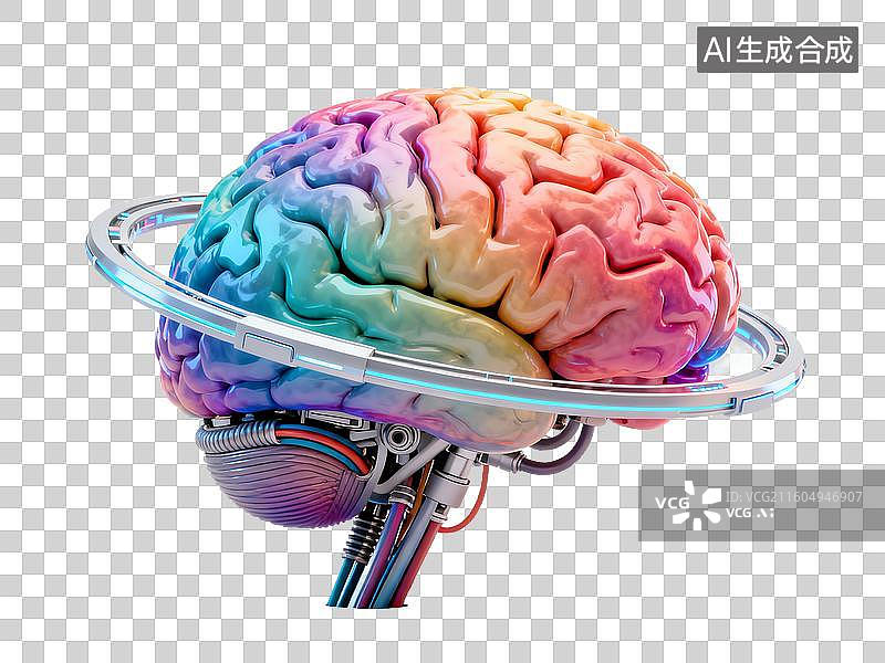 【AI数字艺术】新科技及科幻主题 脑机接口 彩色大脑与环形结构图片素材