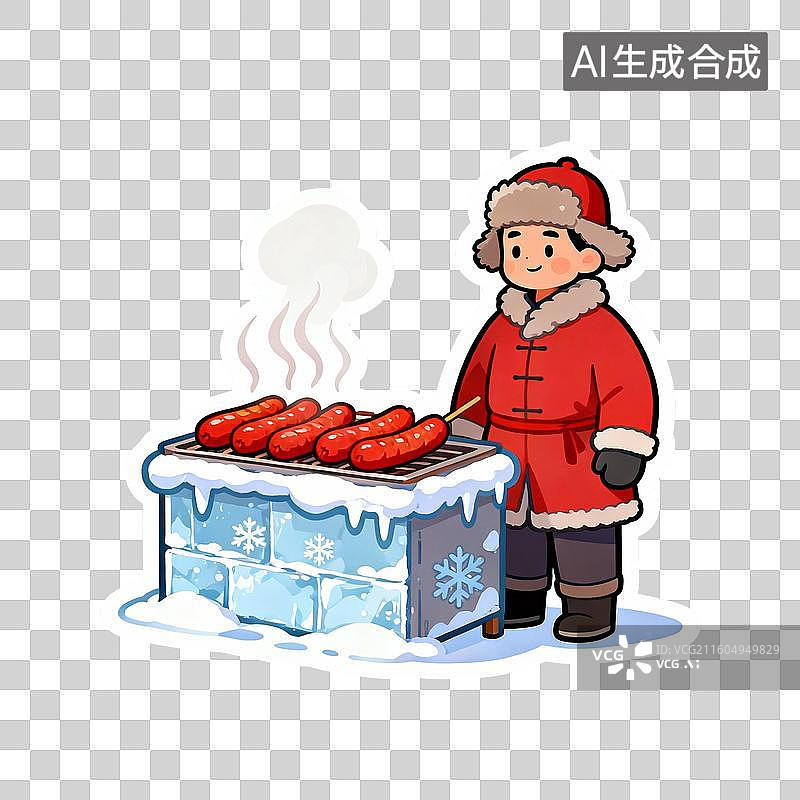 【AI数字艺术】冬日冰烧烤架烤香肠的男子图片素材