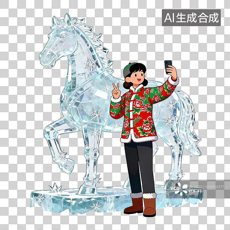 【AI数字艺术】女孩与冰雕马自拍图片素材
