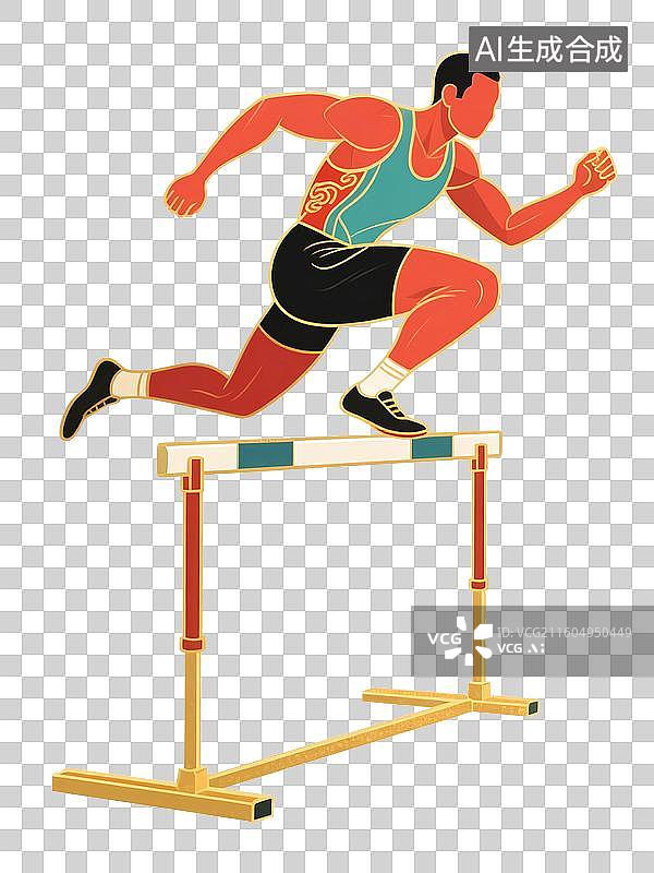 【AI数字艺术】国潮风插画免扣元素：跨栏，跳，运动会，体育比赛，田径运动图片素材