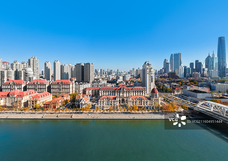 中国天津海河边的原奥匈帝国租界秋季航拍图图片素材