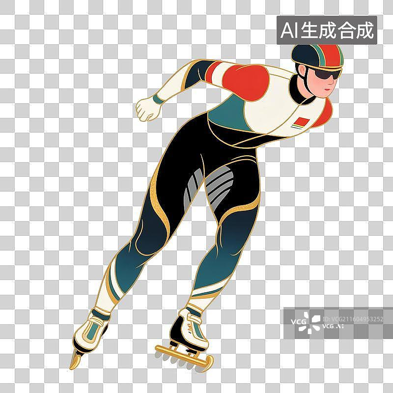 【AI数字艺术】国潮风插画免扣元素：速度滑冰，短道速滑，滑冰，迅速，冬天图片素材