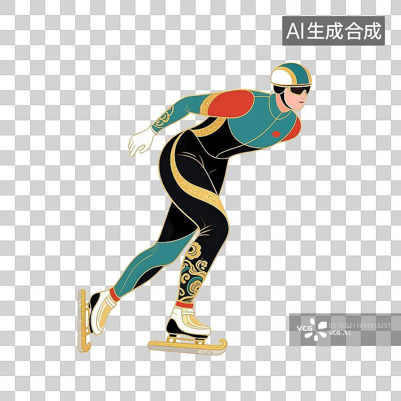 【AI数字艺术】国潮风插画免扣元素：速度滑冰，短道速滑，滑冰，迅速，冬天图片素材