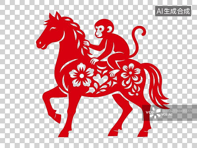【AI数字艺术】马年剪纸  猴年剪纸 马上封侯图片素材