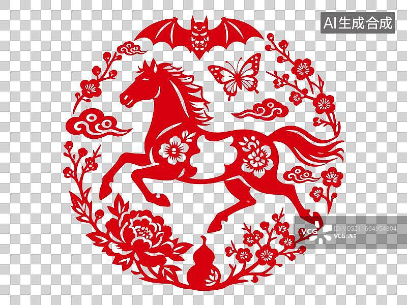 【AI数字艺术】马年剪纸 马年窗花 富不富贵插画图片素材