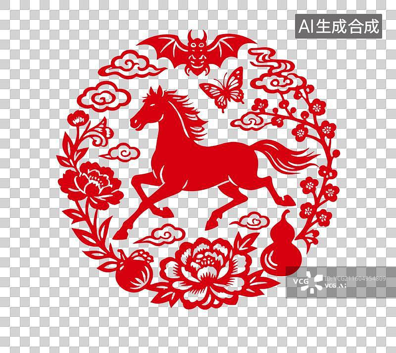 【AI数字艺术】马年剪纸 马年窗花 富不富贵插画图片素材