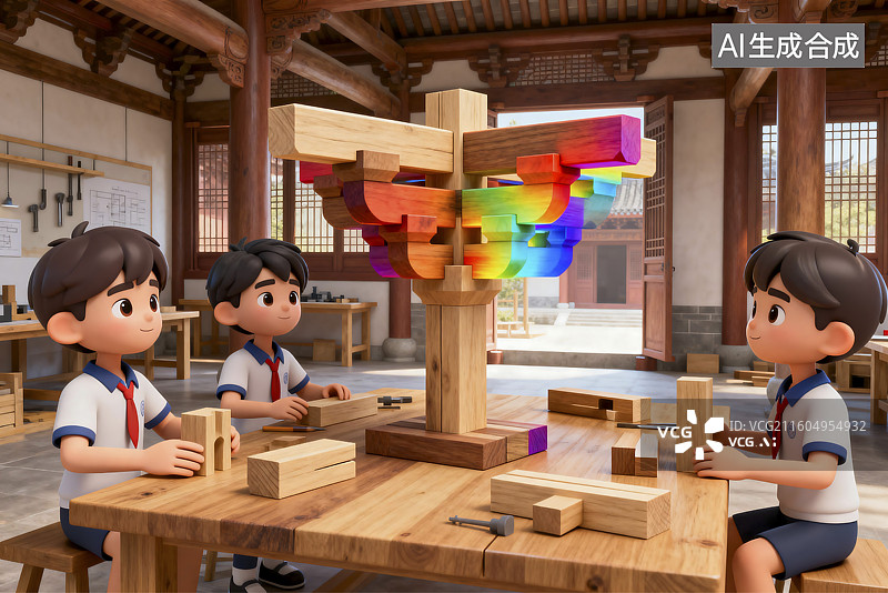 【AI数字艺术】孩子们学习传统中式木结构积木图片素材