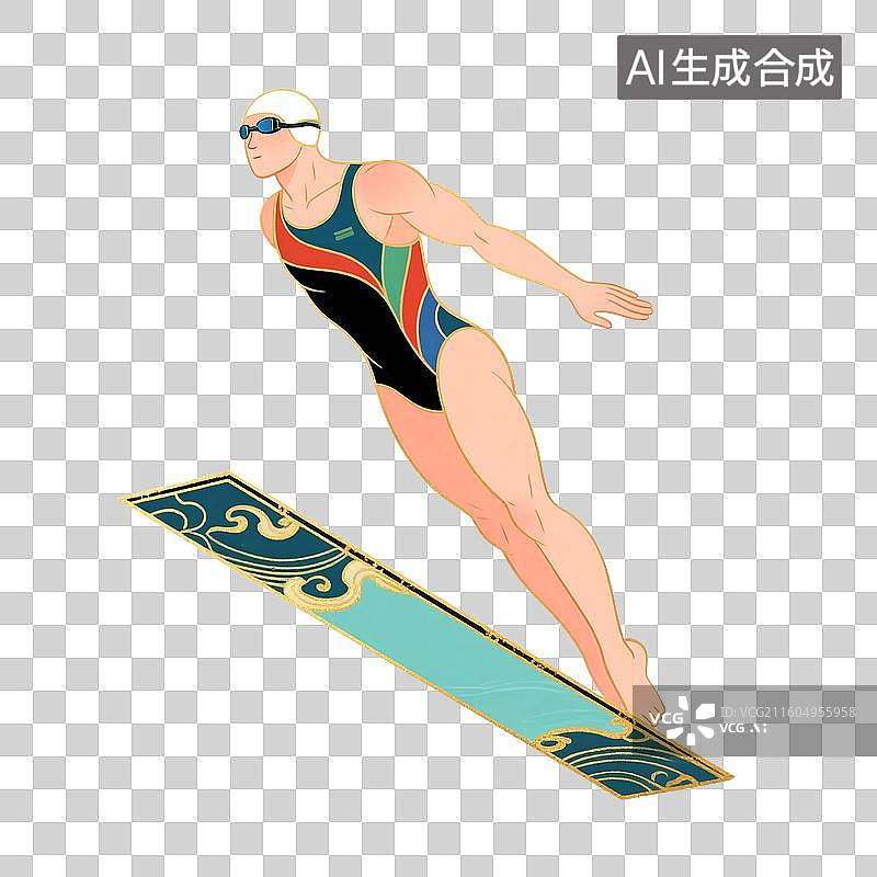 【AI数字艺术】国潮风插画免扣元素：水上运动，高台跳水，游泳，跳水，训练图片素材