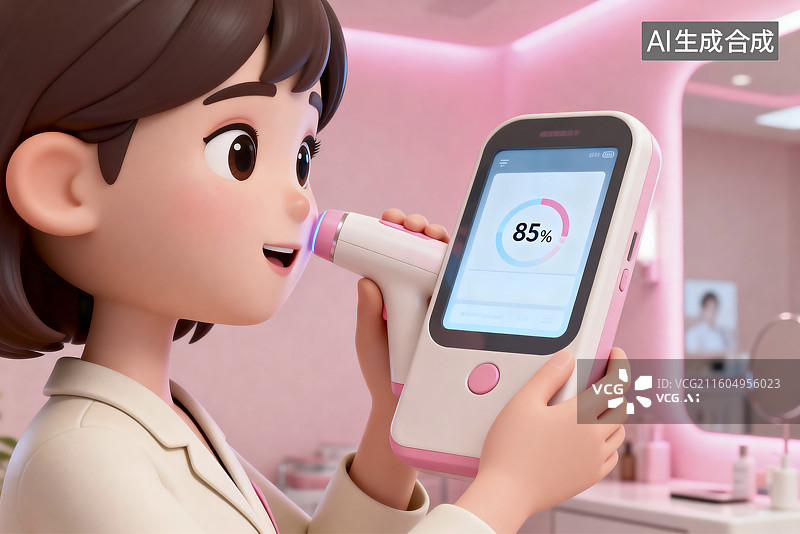 【AI数字艺术】女性在家使用皮肤分析设备图片素材