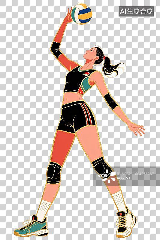 【AI数字艺术】国潮风插画免扣元素：排球，女排，排球运动，国家队，运动会图片素材