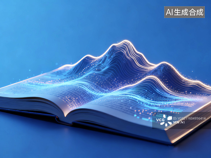【AI数字艺术】科技粒子山水打开的书本人工智能数据图片素材