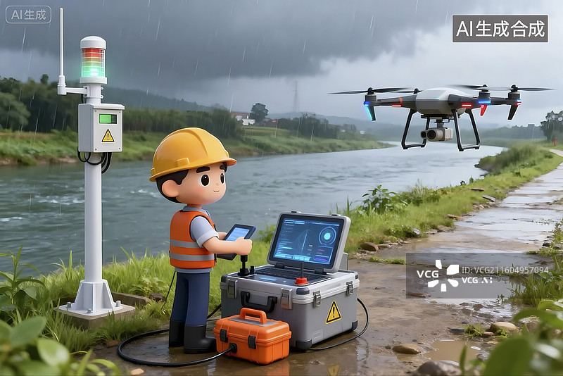 【AI数字艺术】工程师用无人机检查河流图片素材