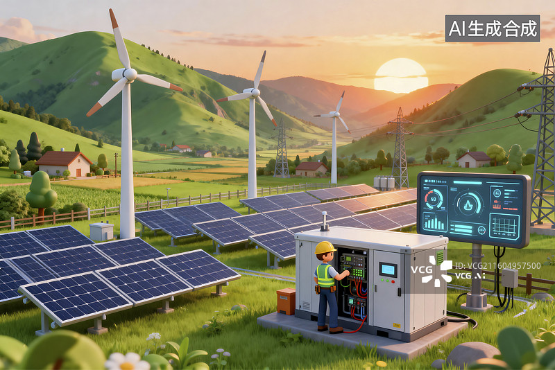 【AI数字艺术】太阳能和风能结合的可再生能源图片素材