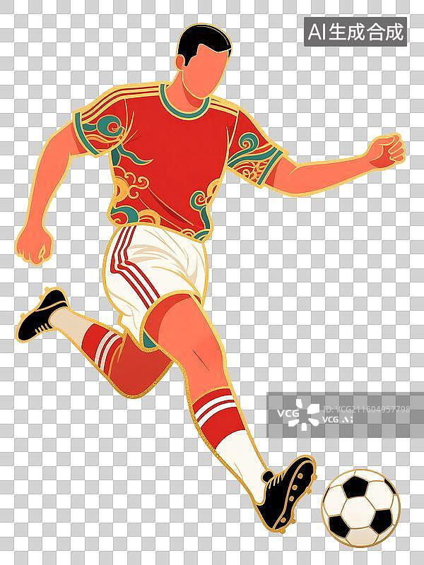 【AI数字艺术】国潮风插画免扣元素：足球，世界杯，踢球，射门，锻炼图片素材