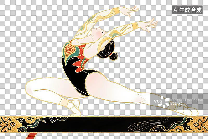 【AI数字艺术】国潮风插画免扣元素：艺术体操，体操，平衡木，舞蹈，运动会图片素材