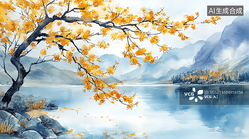 【AI数字艺术】秋天户外风景二十四节气桂花树湖畔水墨风意境水彩画图片素材