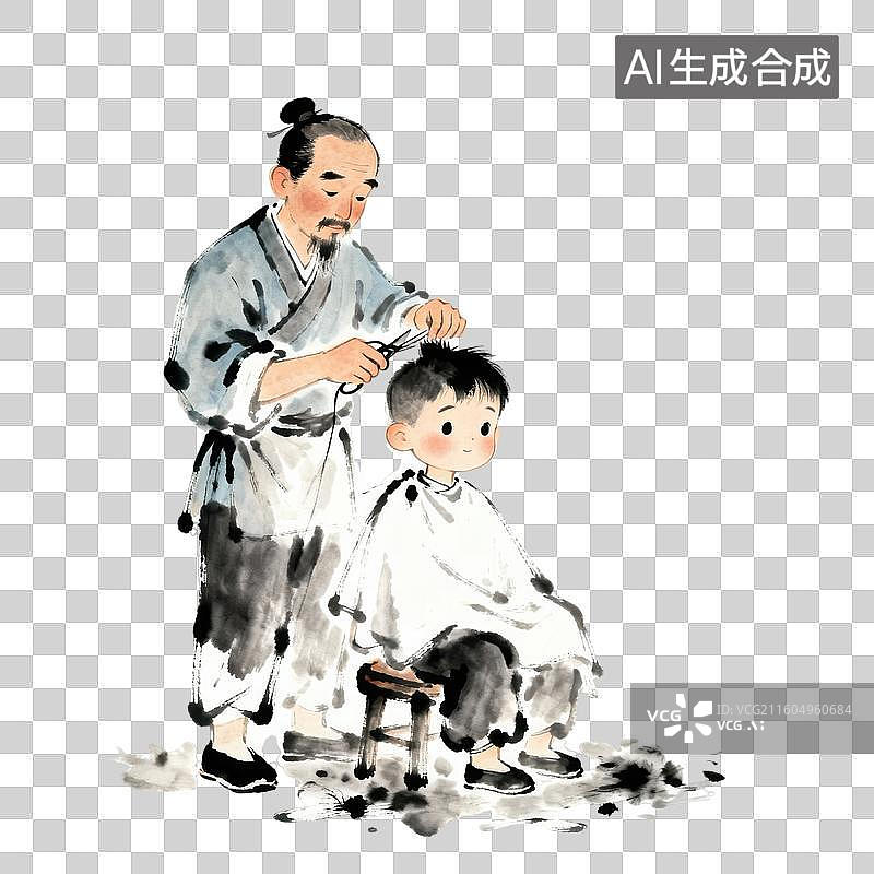 【AI数字艺术】水墨风剪头发二月二龙抬头图片素材