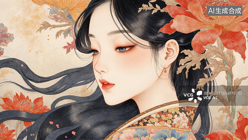 【AI数字艺术】花间美人图片素材