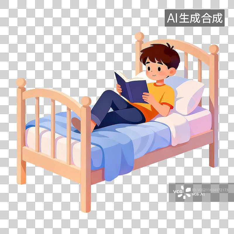 【AI数字艺术】男孩在床上看书的场景图片素材