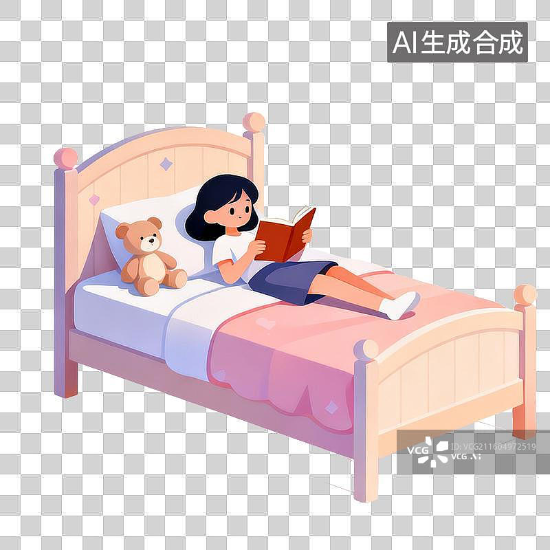 【AI数字艺术】女孩在床上看书的场景图片素材