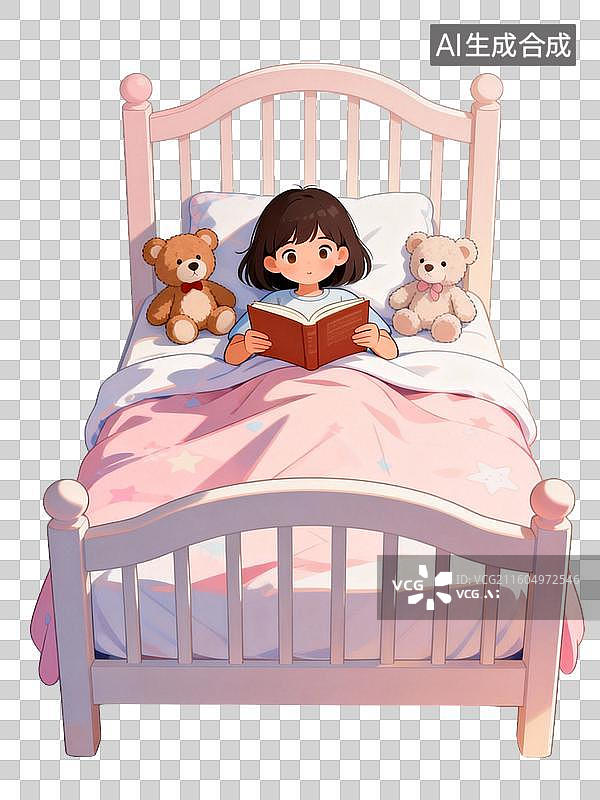 【AI数字艺术】女孩在床上看书的场景图片素材