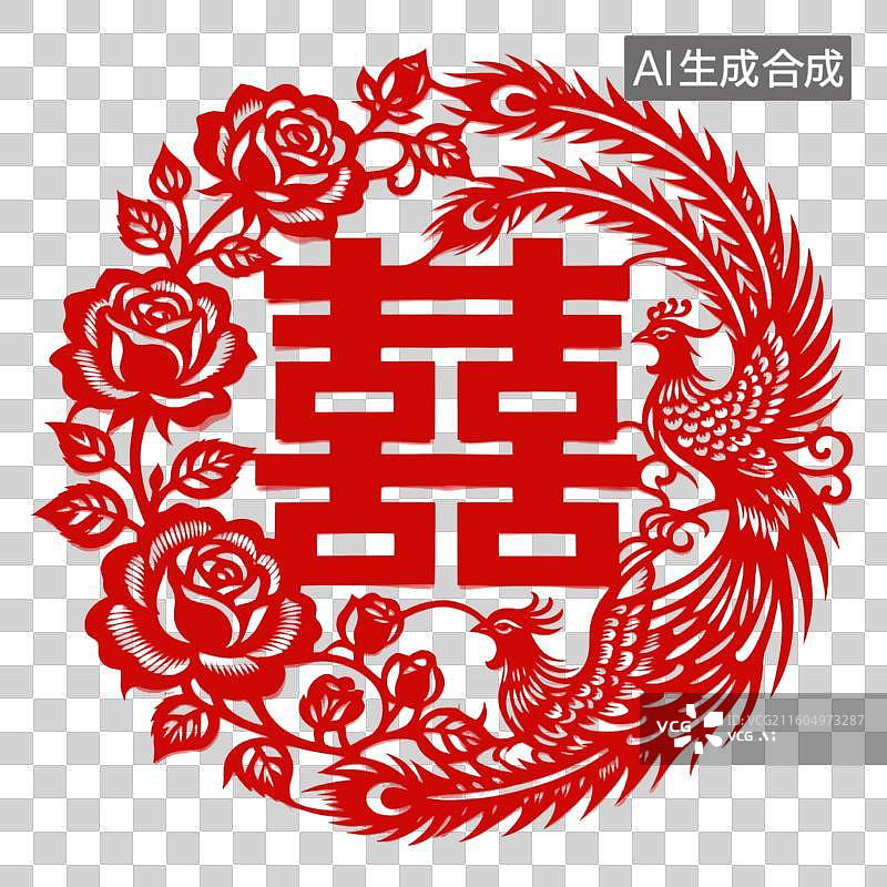 【AI数字艺术】双喜婚庆剪纸  凤凰牡丹双喜窗花图片素材