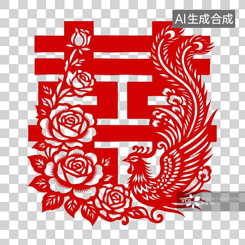 【AI数字艺术】双喜婚庆剪纸  凤凰牡丹双喜窗花图片素材