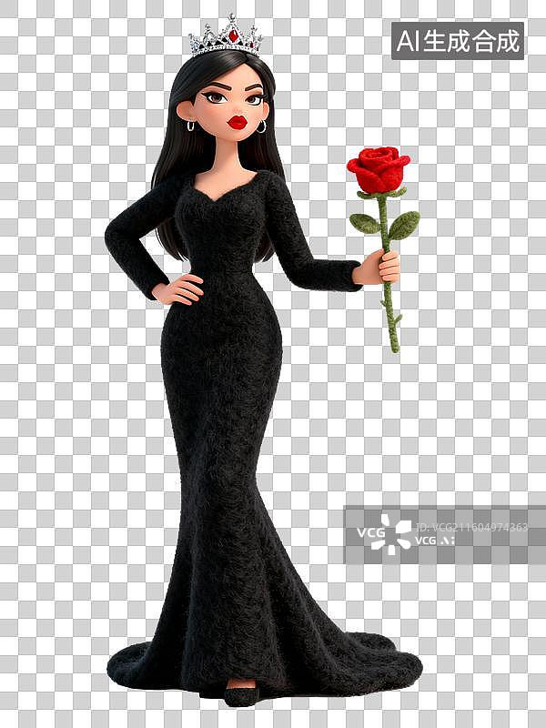 【AI数字艺术】身着黑色礼服手持玫瑰的优雅女性图片素材
