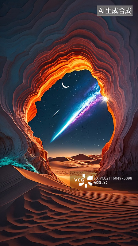 【AI数字艺术】黑夜沙漠深处，一个边缘不规则的大洞口，洞里望去一望无际的神秘宇宙天体，呈深碧蓝色，月牙，星体，流星，图片素材