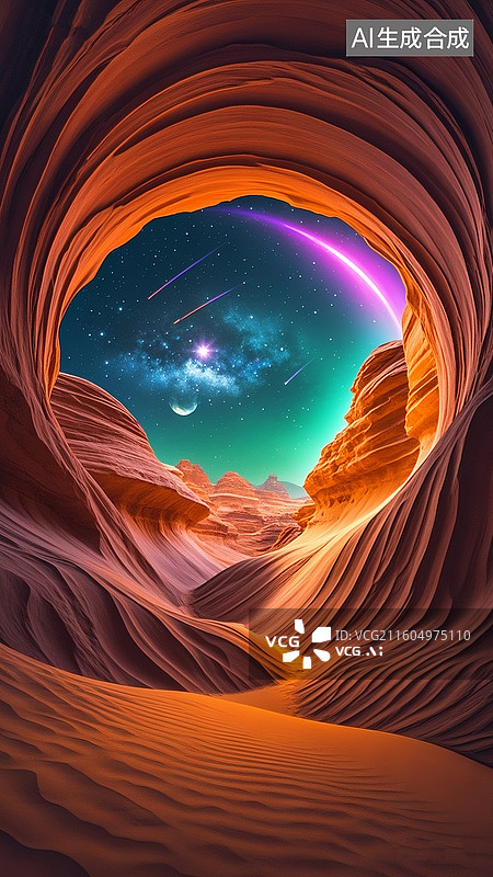 【AI数字艺术】黑夜沙漠深处，一个边缘不规则的大洞口，洞里望去一望无际的神秘宇宙天体，呈深碧蓝色，月牙，星体，流星，图片素材