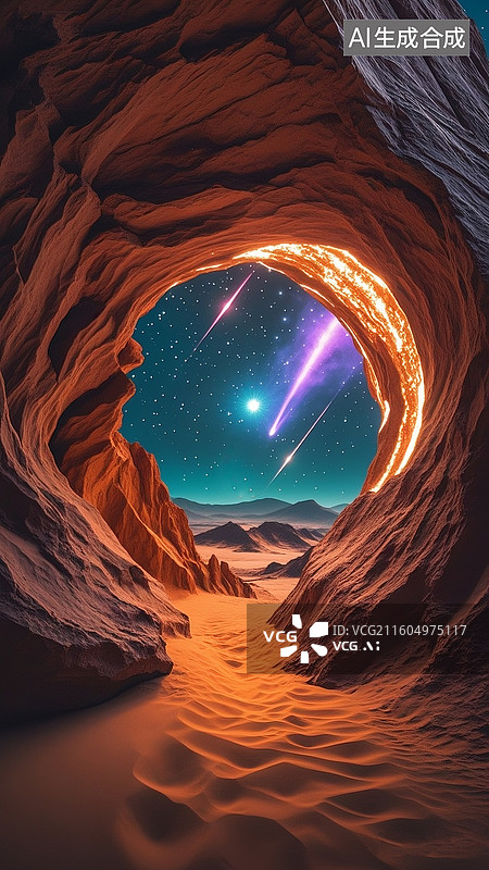 【AI数字艺术】黑夜沙漠深处，一个边缘不规则的大洞口，洞里望去一望无际的神秘宇宙天体，呈深碧蓝色，月牙，星体，流星，图片素材