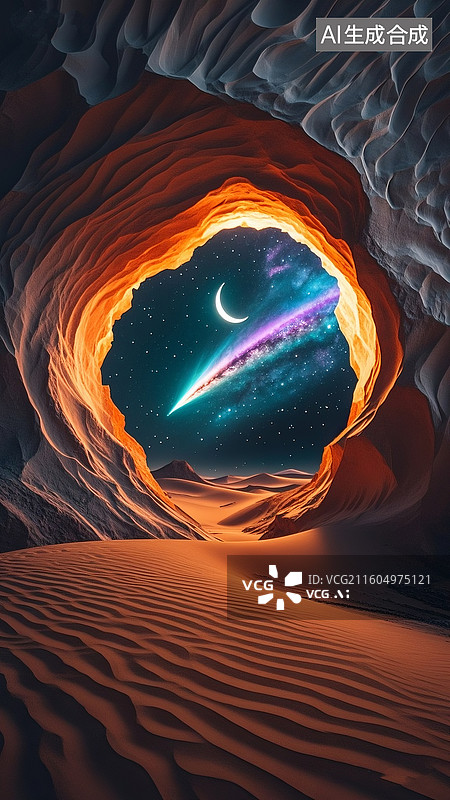 【AI数字艺术】黑夜沙漠深处，一个边缘不规则的大洞口，洞里望去一望无际的神秘宇宙天体，呈深碧蓝色，月牙，星体，流星，图片素材