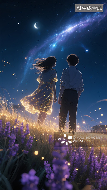 【AI数字艺术】蓝色星空下，发光薰衣草丛，少女发梢与连衣裙角和少男发梢、衬衣与裤子 被夜风微微扬起，银河光带穿透深蓝图片素材