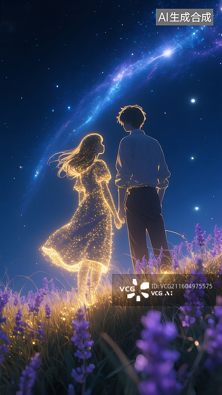 【AI数字艺术】蓝色星空下，发光薰衣草丛，少女发梢与连衣裙角和少男发梢、衬衣与裤子 被夜风微微扬起，银河光带穿透深蓝图片素材