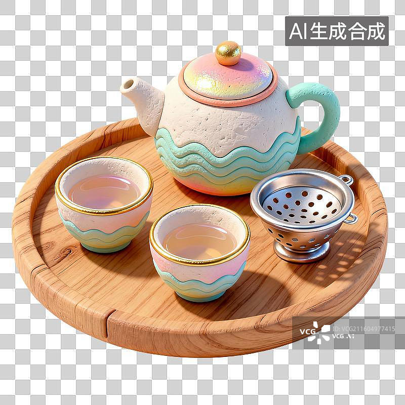 【AI数字艺术】木质托盘上的彩色波浪纹茶具图片素材