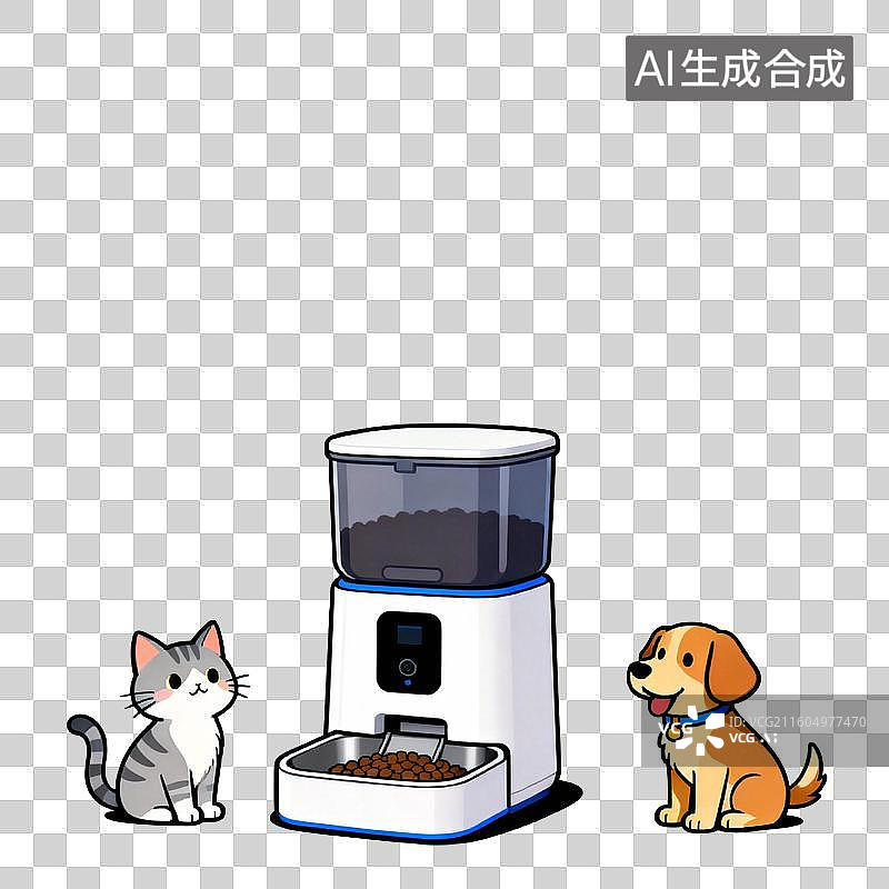 【AI数字艺术】宠物自动喂食器旁的猫和狗图片素材