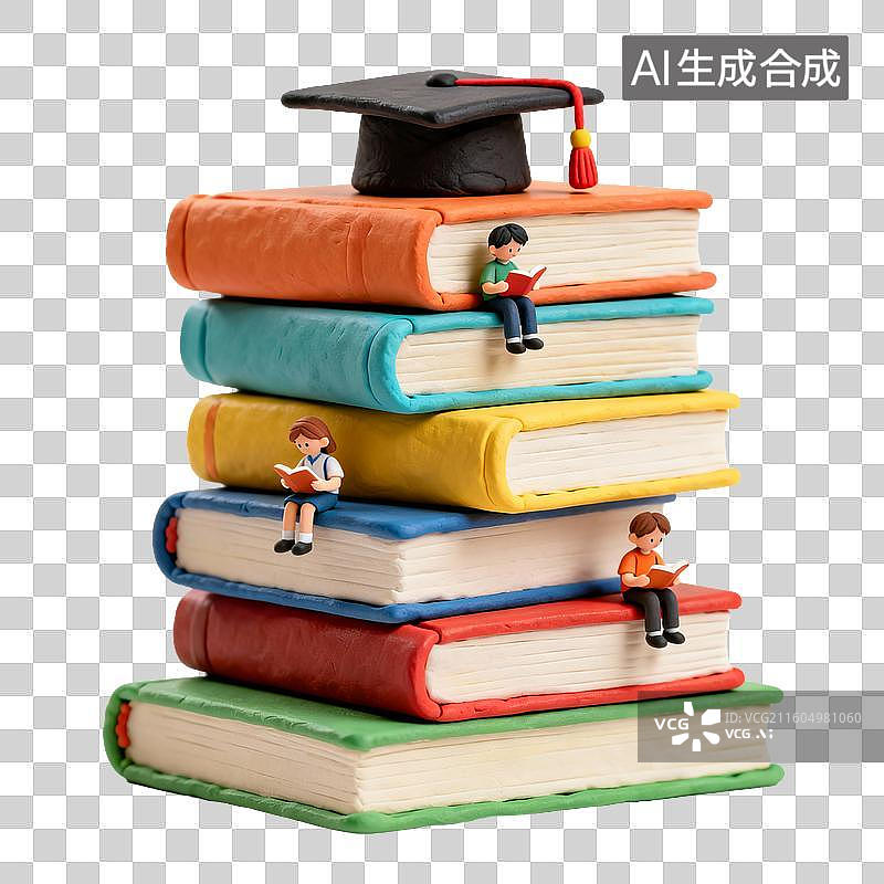 【AI数字艺术】彩色书籍堆叠与读书小人图片素材