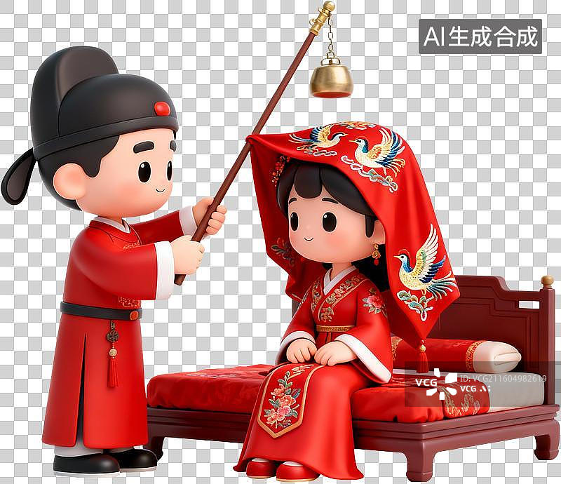 【AI数字艺术】3D卡通立体插画中式风格中式婚礼结婚定亲插画元素图片素材