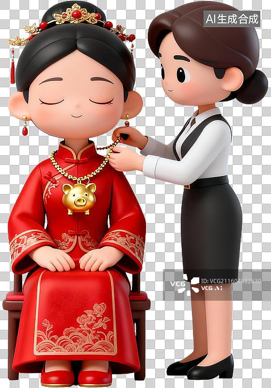 【AI数字艺术】3D卡通立体插画中式风格中式婚礼结婚定亲插画元素图片素材