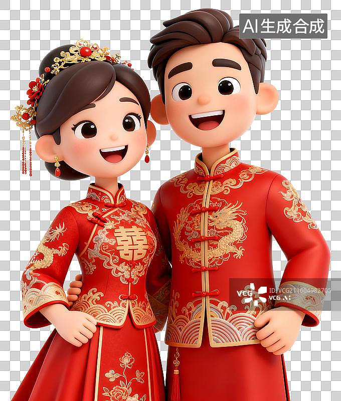 【AI数字艺术】3D卡通立体插画中式风格中式婚礼结婚定亲插画元素图片素材