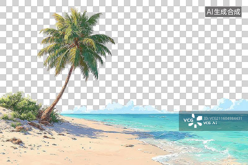【AI数字艺术】蔚蓝的海水，沙滩上一棵椰子树PNG格式的免扣元素图片素材