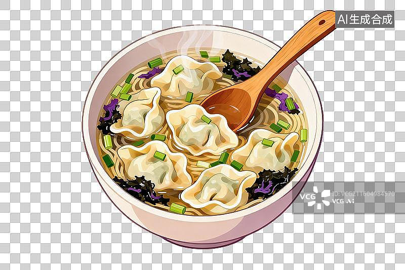 【AI数字艺术】卡通风格，一碗美味的馄饨PNG格式的免扣元素图片素材