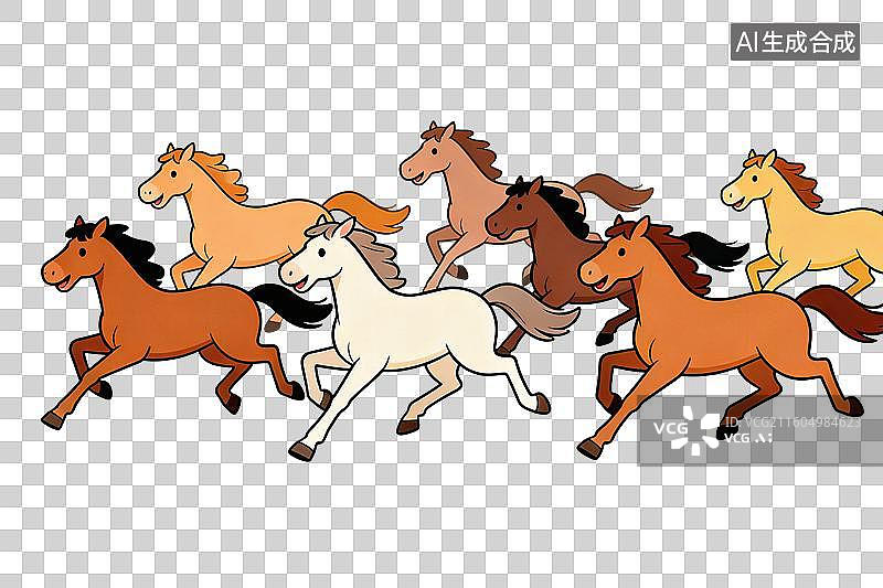 【AI数字艺术】卡通风格，一群奔跑的野马PNG格式的免扣元素图片素材