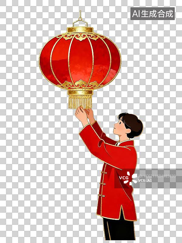【AI数字艺术】新中式中国年俗元素男子挂灯笼贺岁形象图片素材