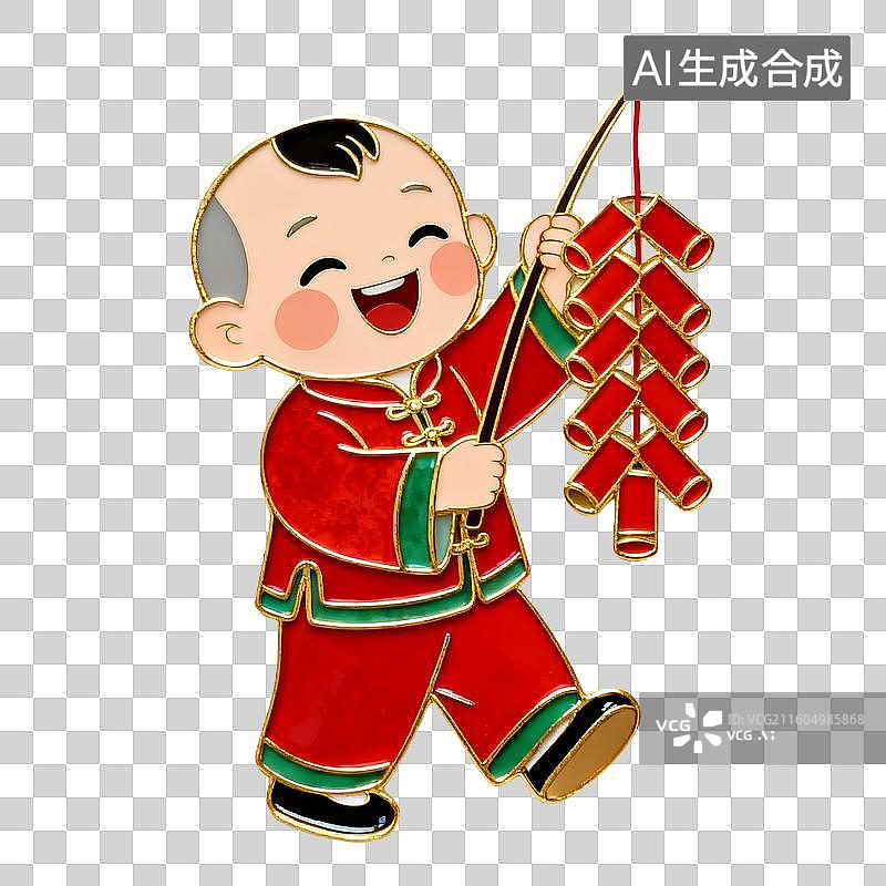 【AI数字艺术】新中式中国年俗元素男孩持鞭炮串贺岁形象图片素材
