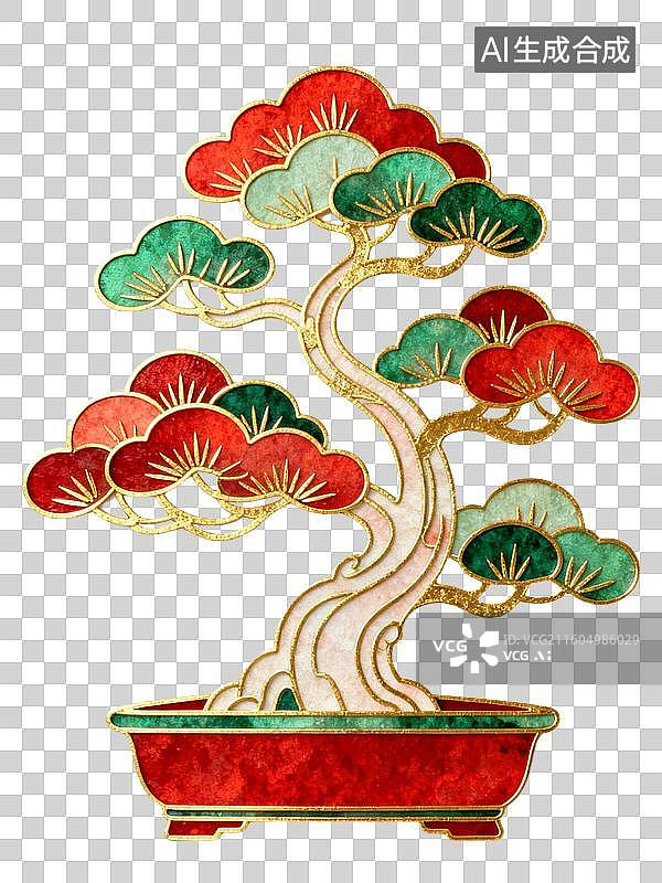 【AI数字艺术】新中式中国年俗元素盆景松树图片素材