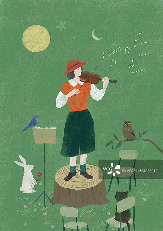 大自然中演奏的女孩插画图片素材
