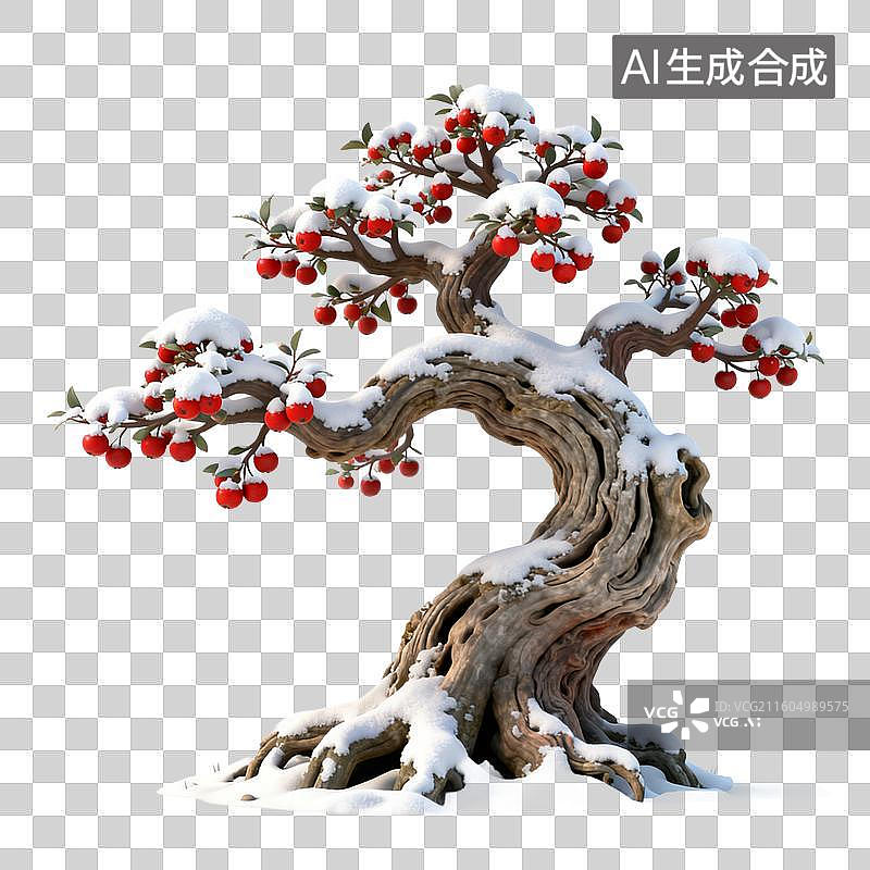 【AI数字艺术】雪中红果盆景树图片素材