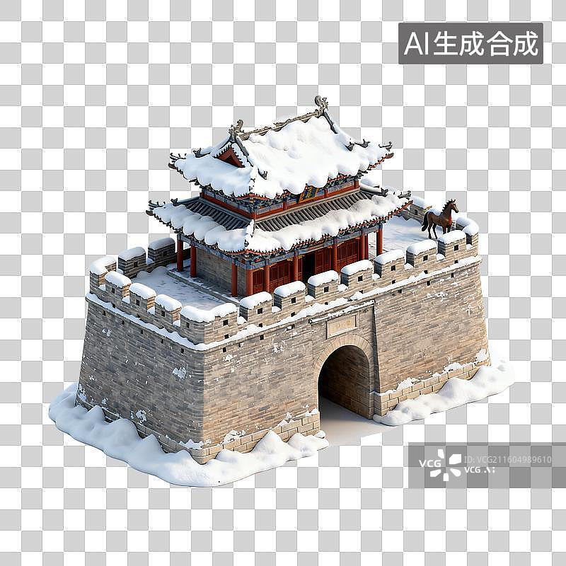 【AI数字艺术】积雪覆盖的古老中式城楼图片素材