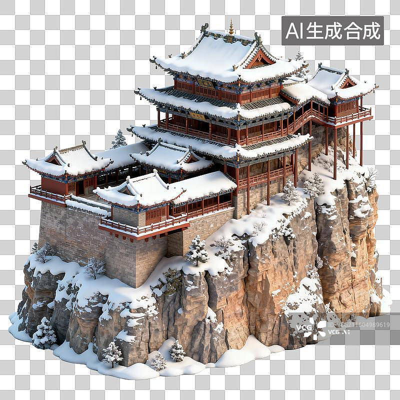 【AI数字艺术】雪覆崖上的古中式楼阁图片素材